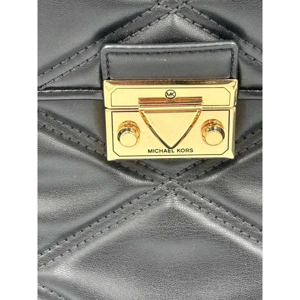 Michael Kors Serena Backpack Quilted Leather‎ Flap Black & Gold mult pockets MED